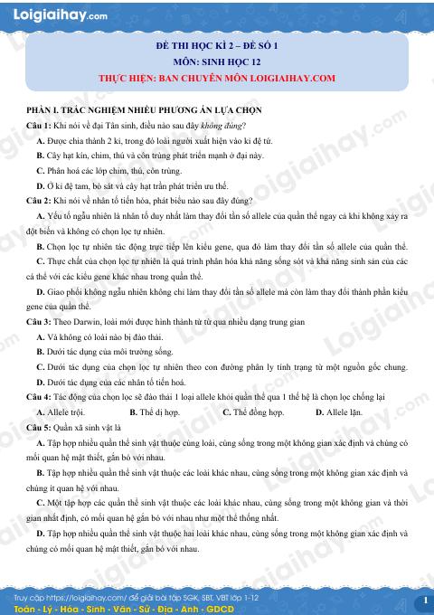 Đề thi học kì 2 Sinh 12 - Đề số 1
